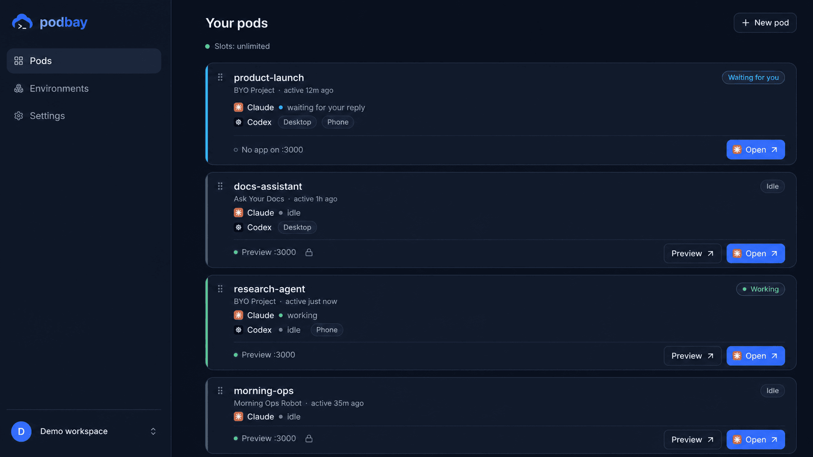 Podbay dashboard showing pods that are working, idle, or waiting for a reply, with app previews
